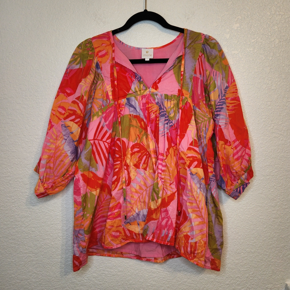 J.Marie Size S Eden 3/4 Puff Sleeve Split V-Neck Tie Coordinating Blouse JM3487